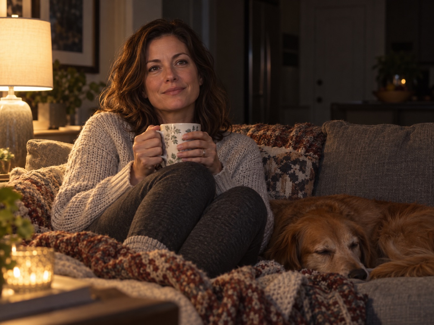 A calm woman relaxing with tea in the evening