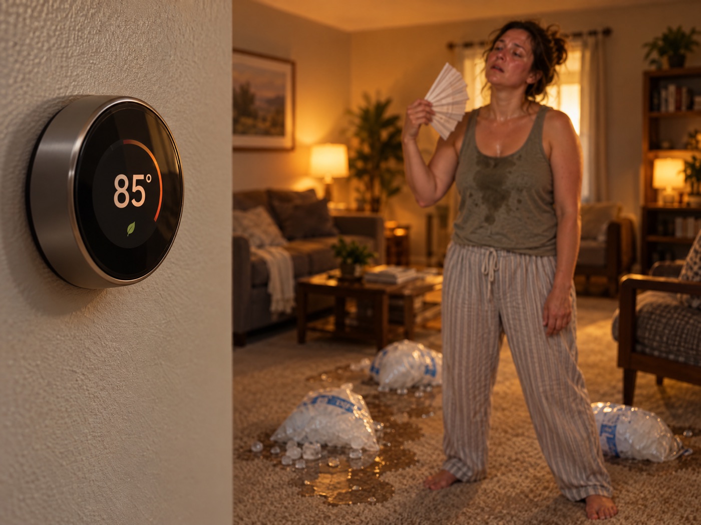 A wall thermostat set to 85 degrees while a tired woman fans herself beside melting bags of ice