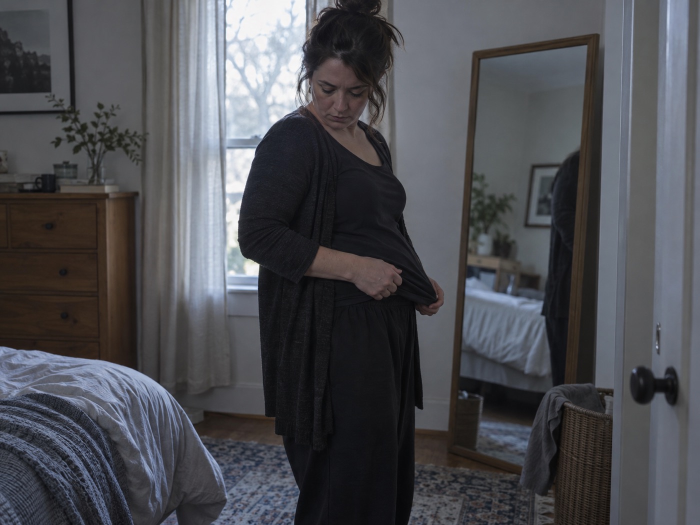 A woman in loose dark layers turning away from a full-length mirror