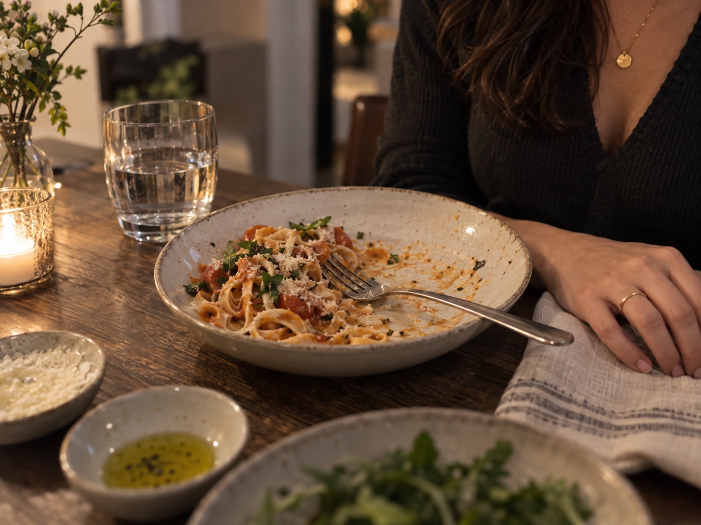 A plate of pasta half finished with the fork set down