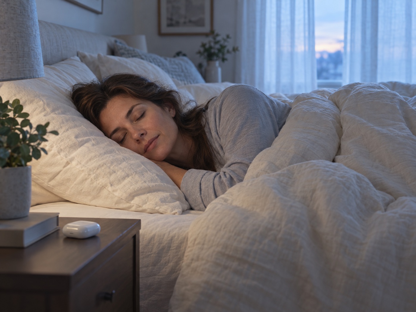A woman sleeping deeply in the early morning